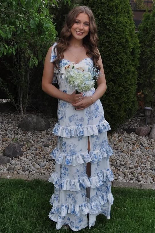 Light Blue Floral Chiffon A-Line Tiered Long Prom Dress with Slit