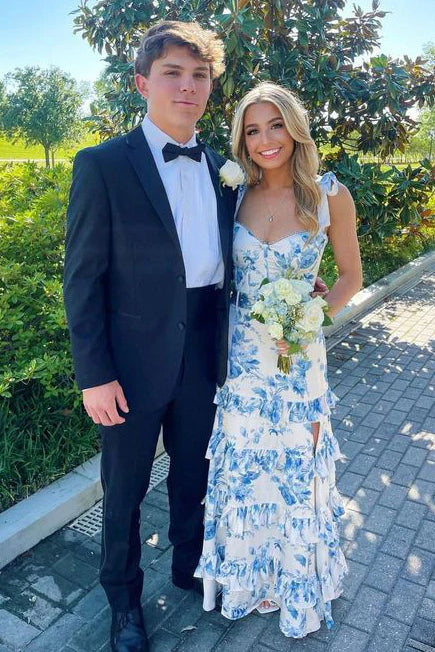 Light Blue Floral Chiffon A-Line Tiered Long Prom Dress with Slit
