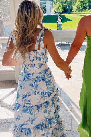 Light Blue Floral Chiffon A-Line Tiered Long Prom Dress with Slit