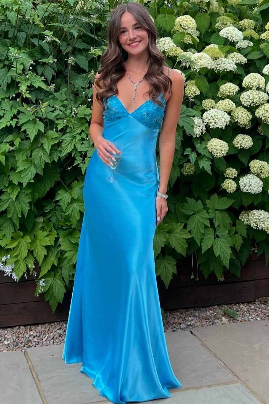Blue Spaghetti Straps Satin A-Line Long Prom Dress with Sequins