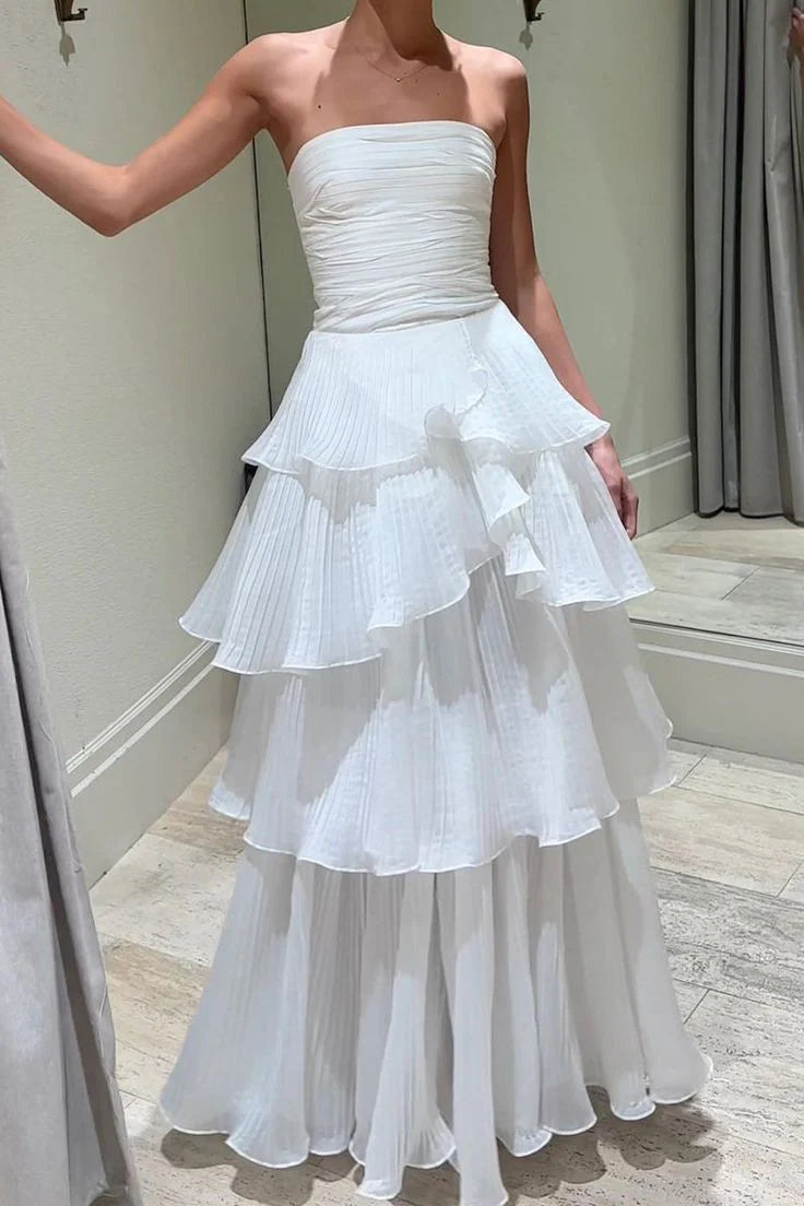 White Strapless A-Line Pleated Tiered Long Prom Dress