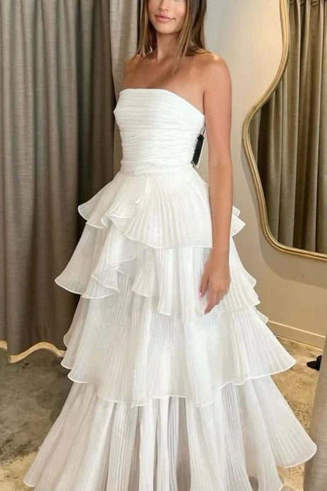 White Strapless A-Line Pleated Tiered Long Prom Dress