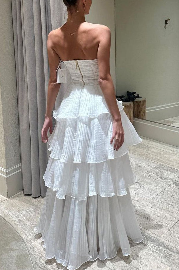 White Strapless A-Line Pleated Tiered Long Prom Dress