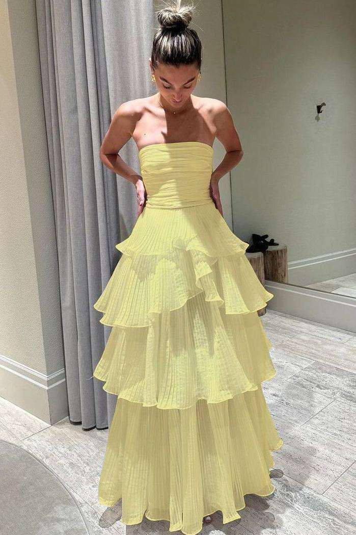 White Strapless A-Line Pleated Tiered Long Prom Dress
