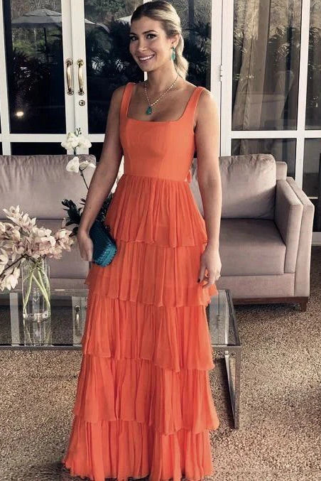 Orange Square Neck Chiffon A-Line Tiered Long Prom Dress