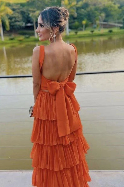 Orange Square Neck Chiffon A-Line Tiered Long Prom Dress