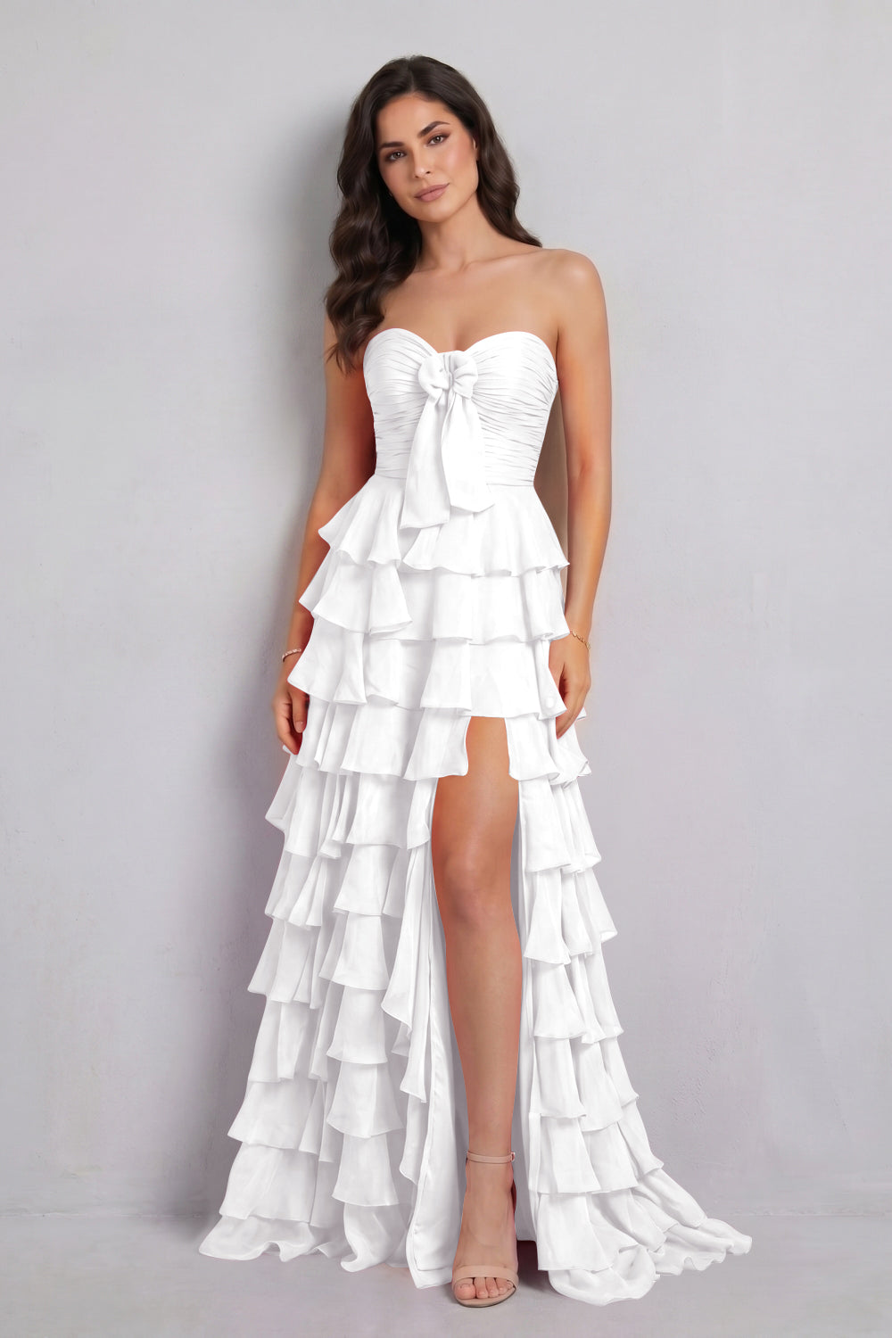 Hot Pink Sweetheart A-Line Chiffon Tiered Long Prom Dress with Slit