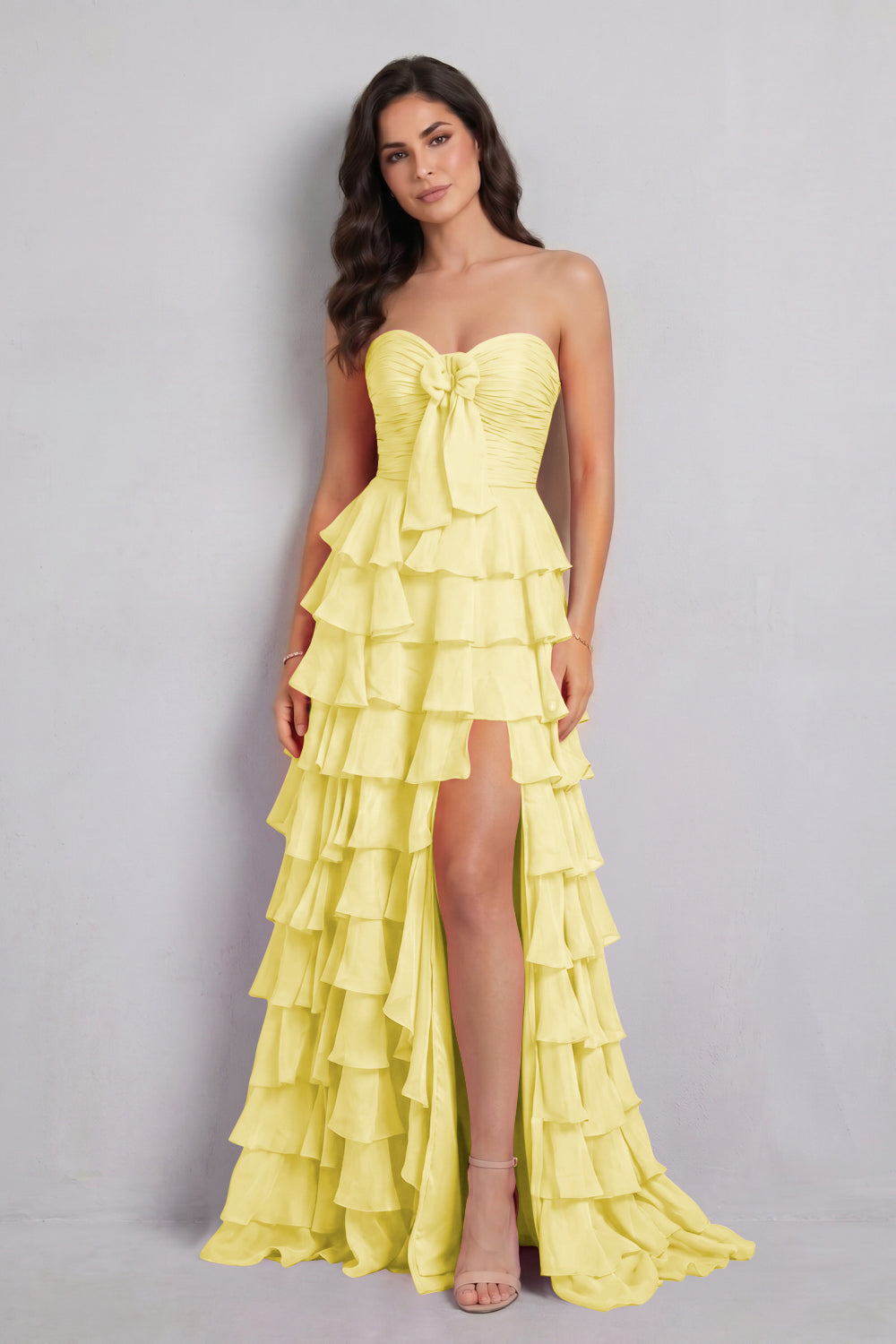 Hot Pink Sweetheart A-Line Chiffon Tiered Long Prom Dress with Slit