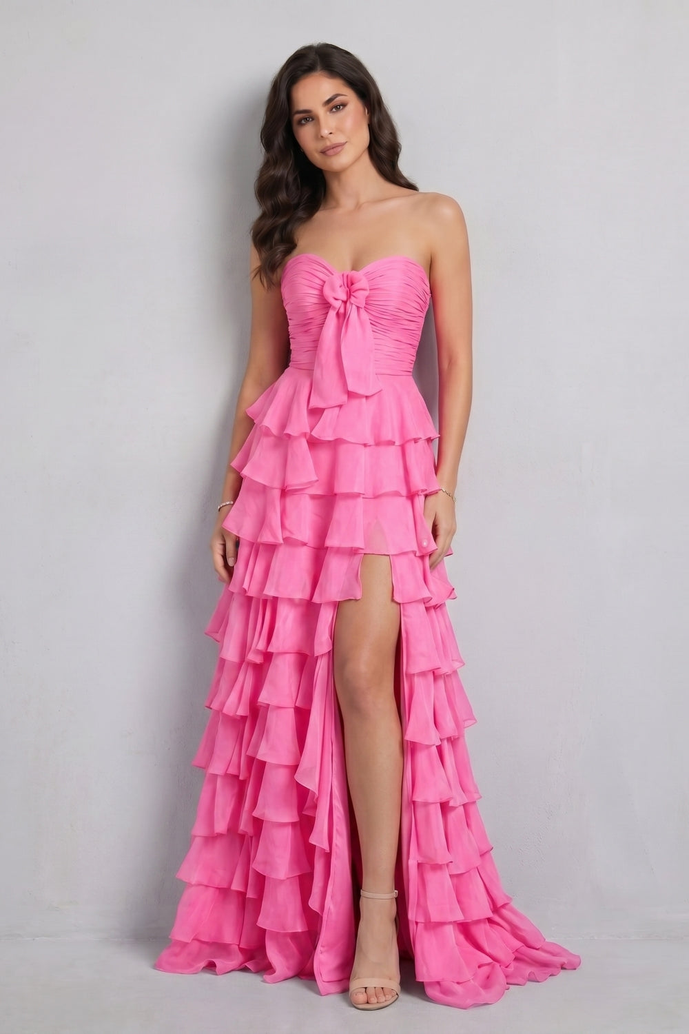 Hot Pink Sweetheart A-Line Chiffon Tiered Long Prom Dress with Slit