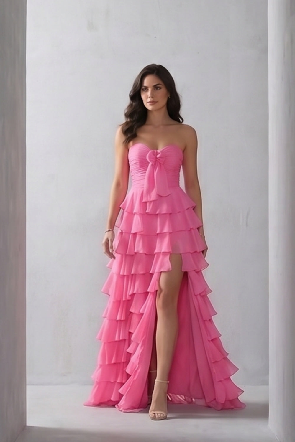 Hot Pink Sweetheart A-Line Chiffon Tiered Long Prom Dress with Slit