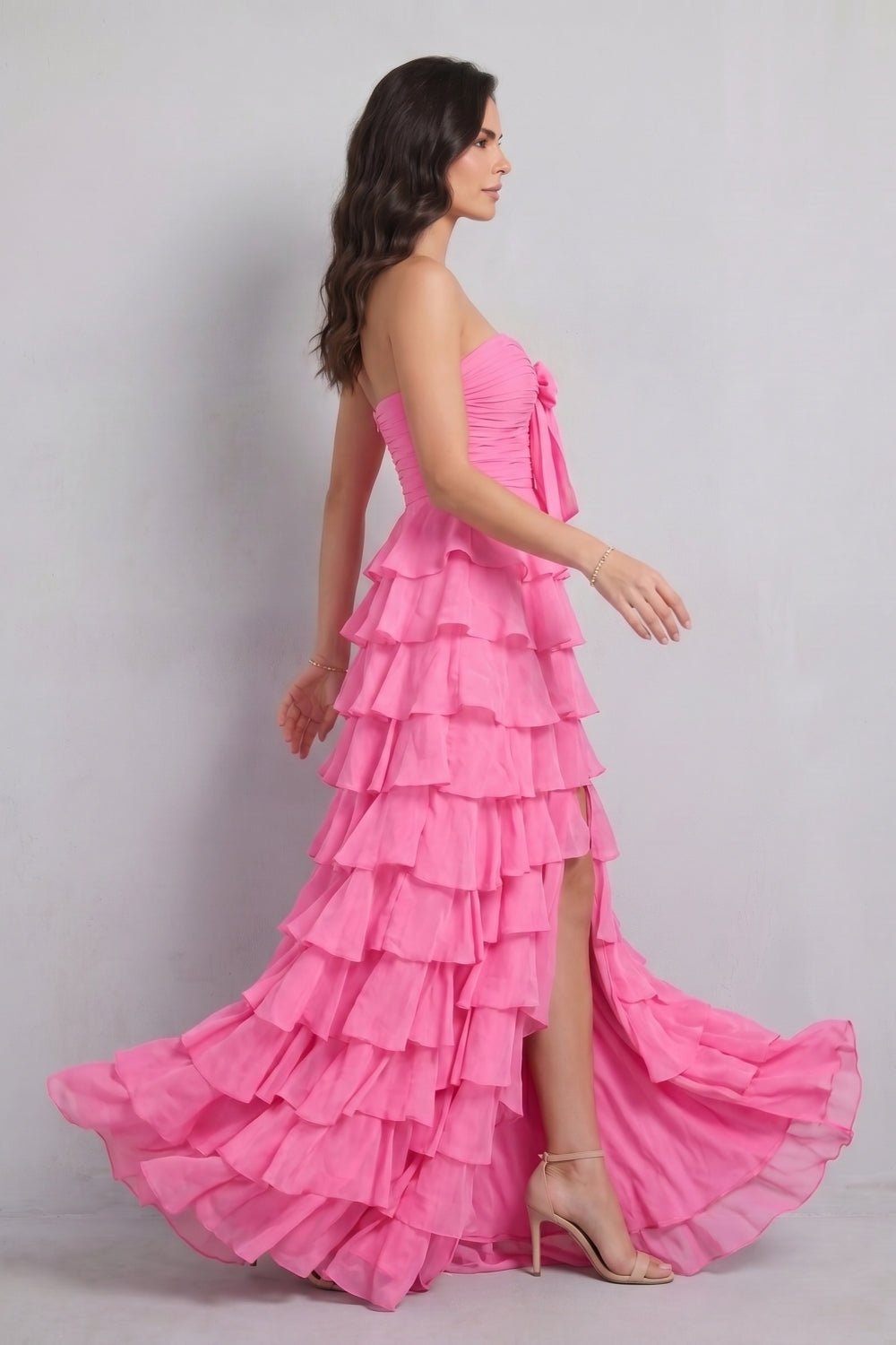 Hot Pink Sweetheart A-Line Chiffon Tiered Long Prom Dress with Slit