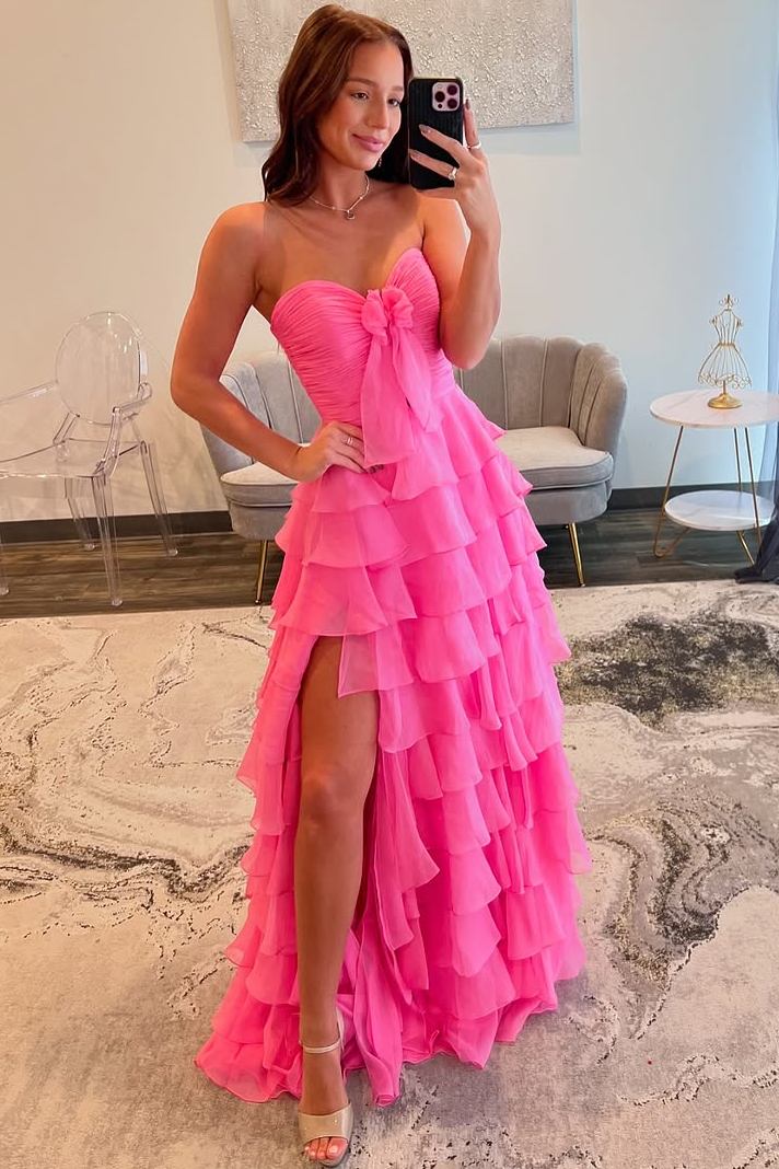 Hot Pink Sweetheart Chiffon A-Line Tiered Long Prom Dress with Slit