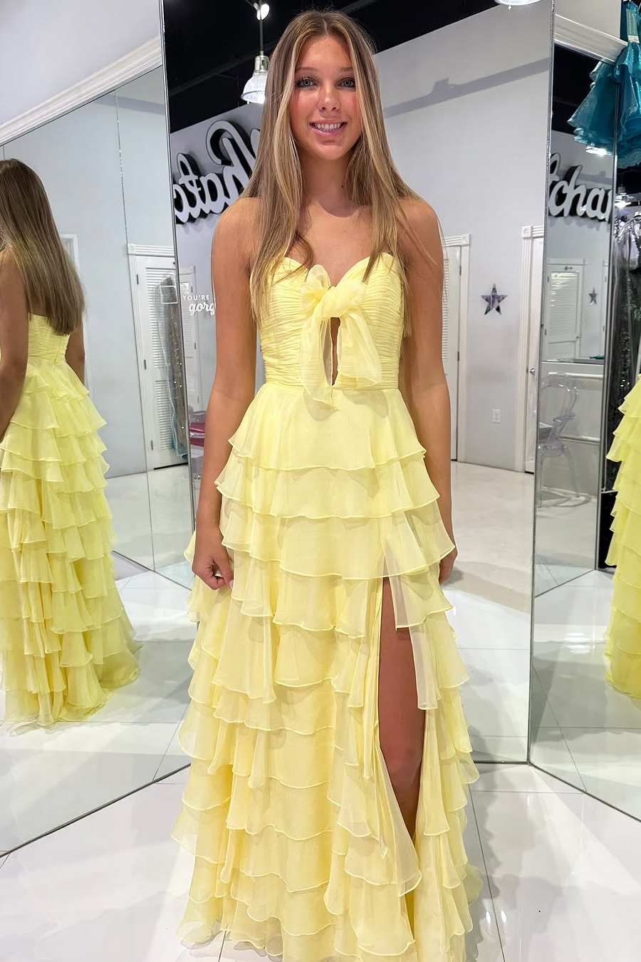 Hot Pink Sweetheart Chiffon A-Line Tiered Long Prom Dress with Slit