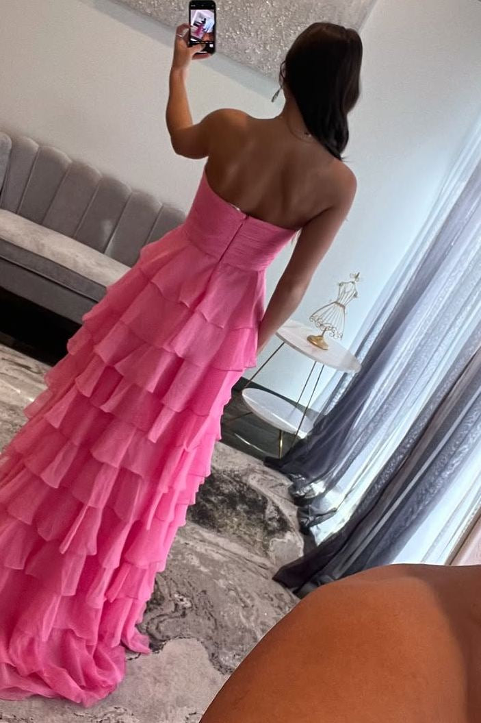 Hot Pink Sweetheart Chiffon A-Line Tiered Long Prom Dress with Slit