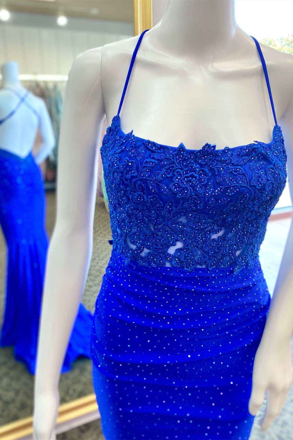 Royal Blue Spaghetti Straps Mermaid Long Prom Dress with Appliques