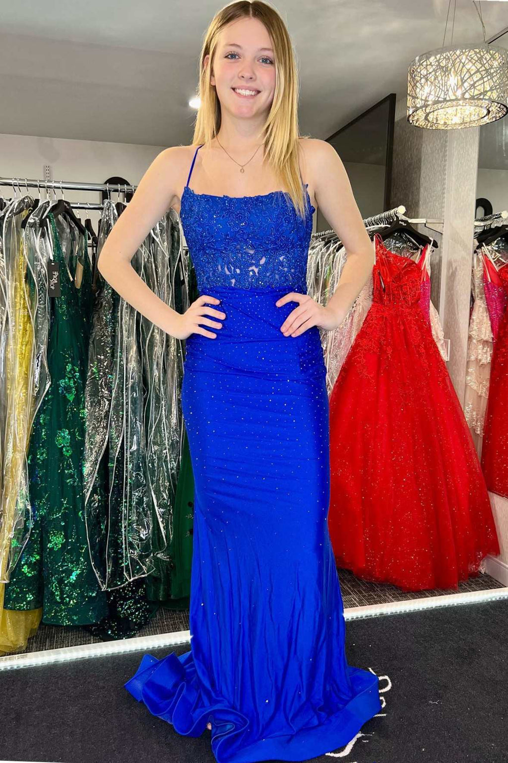 Royal Blue Spaghetti Straps Mermaid Long Prom Dress with Appliques