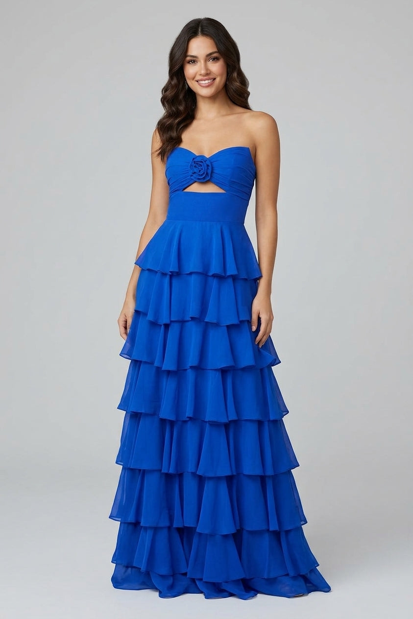 Royal Blue Sweetheart Chiffon A-Line Tiered Long Prom Dress with Slit