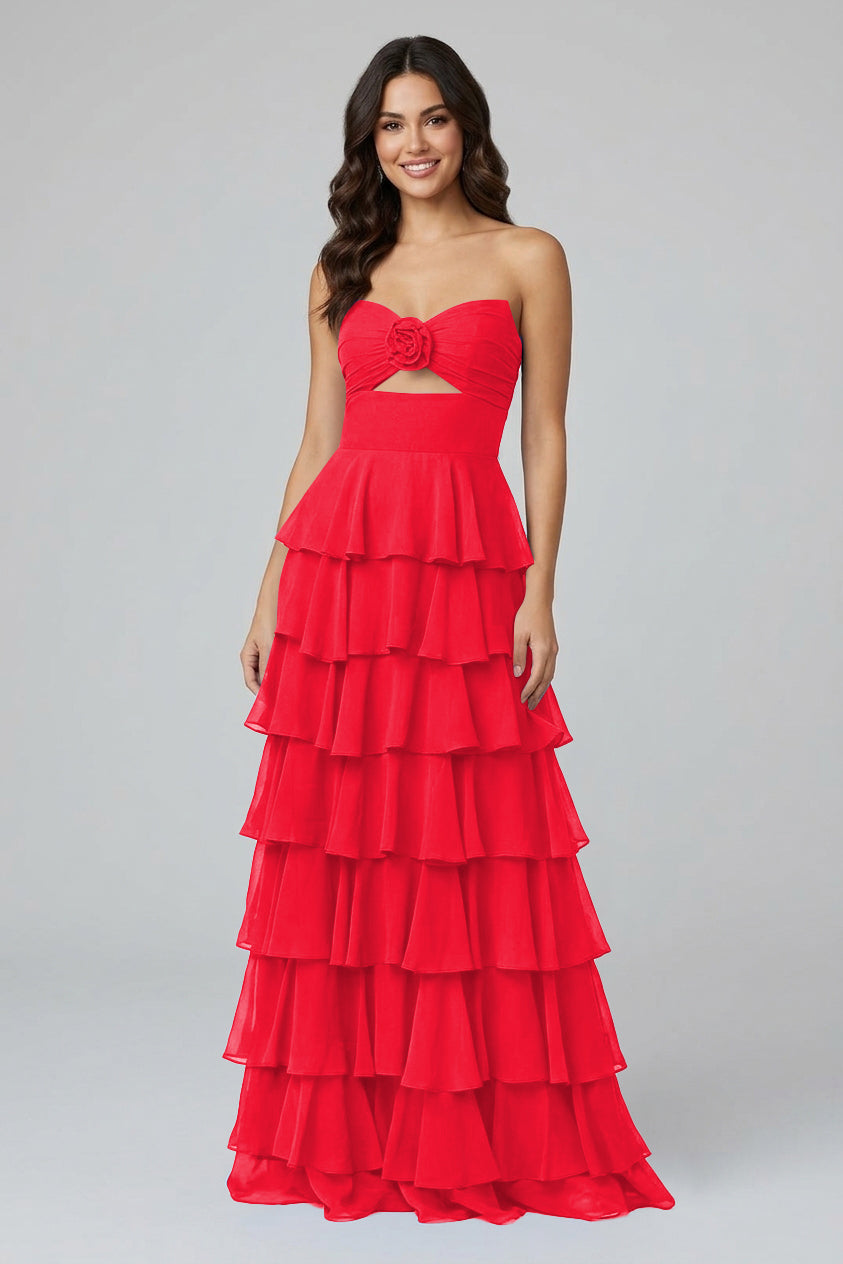 Royal Blue Sweetheart Chiffon A-Line Tiered Long Prom Dress with Slit