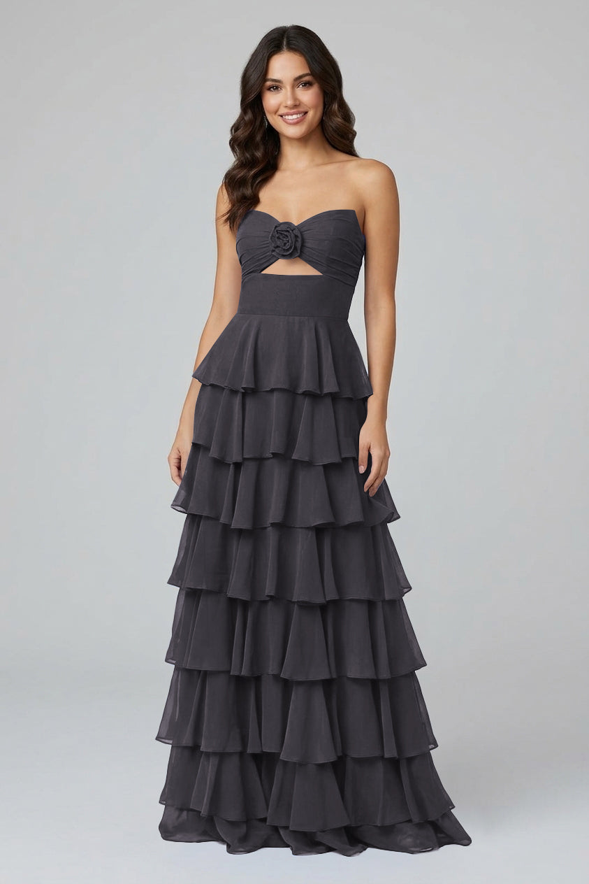 Royal Blue Sweetheart Chiffon A-Line Tiered Long Prom Dress with Slit