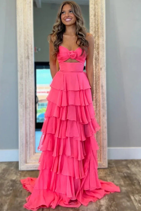 Royal Blue Sweetheart Chiffon A-Line Tiered Long Prom Dress