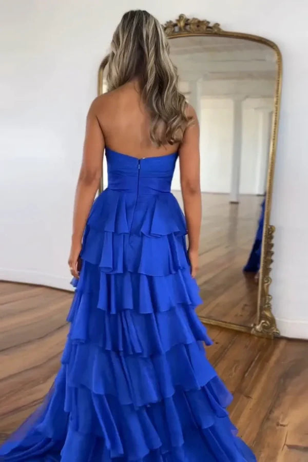 Royal Blue Sweetheart Chiffon A-Line Tiered Long Prom Dress