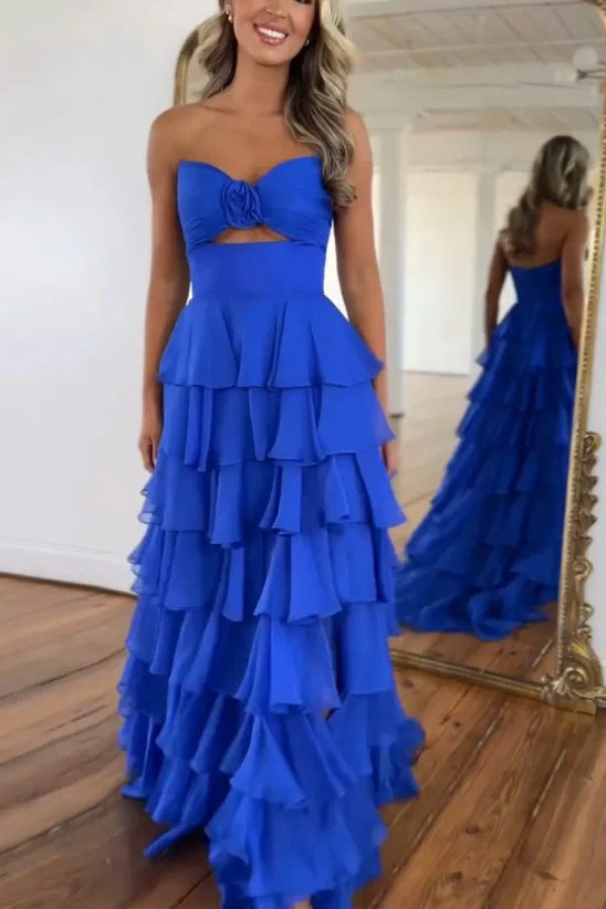 Royal Blue Sweetheart Chiffon A-Line Tiered Long Prom Dress