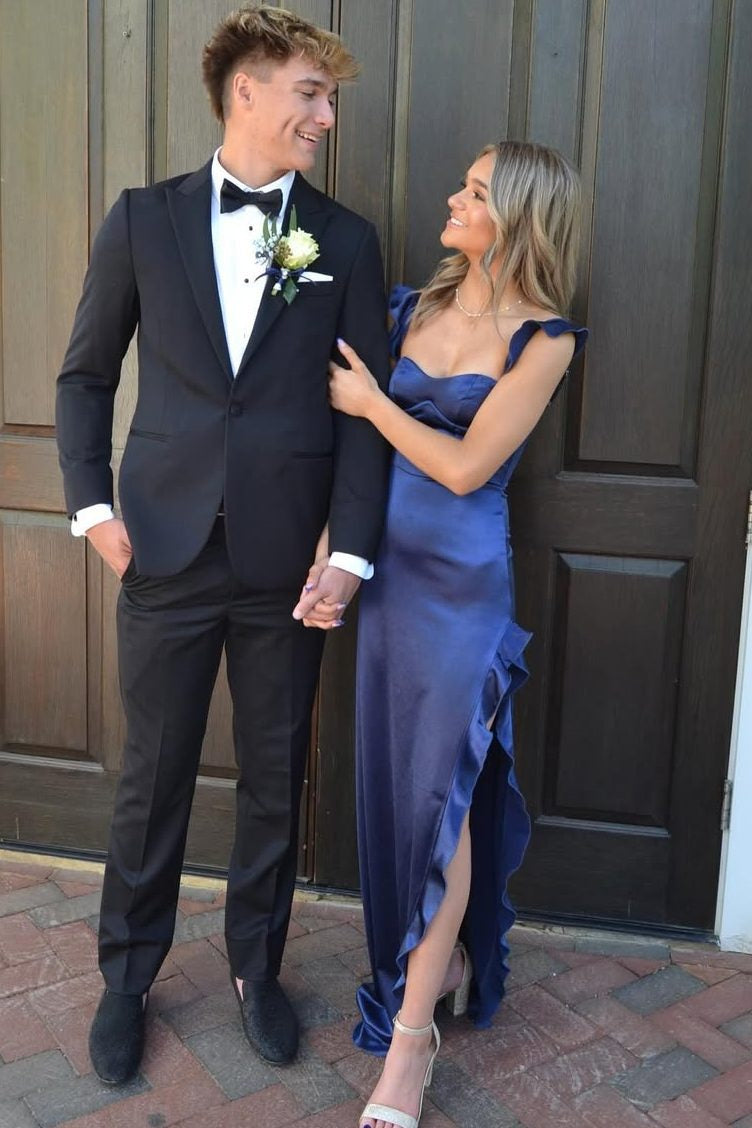 Navy Spaghetti Straps Satin Sheath Long Prom Dress with Ruffles