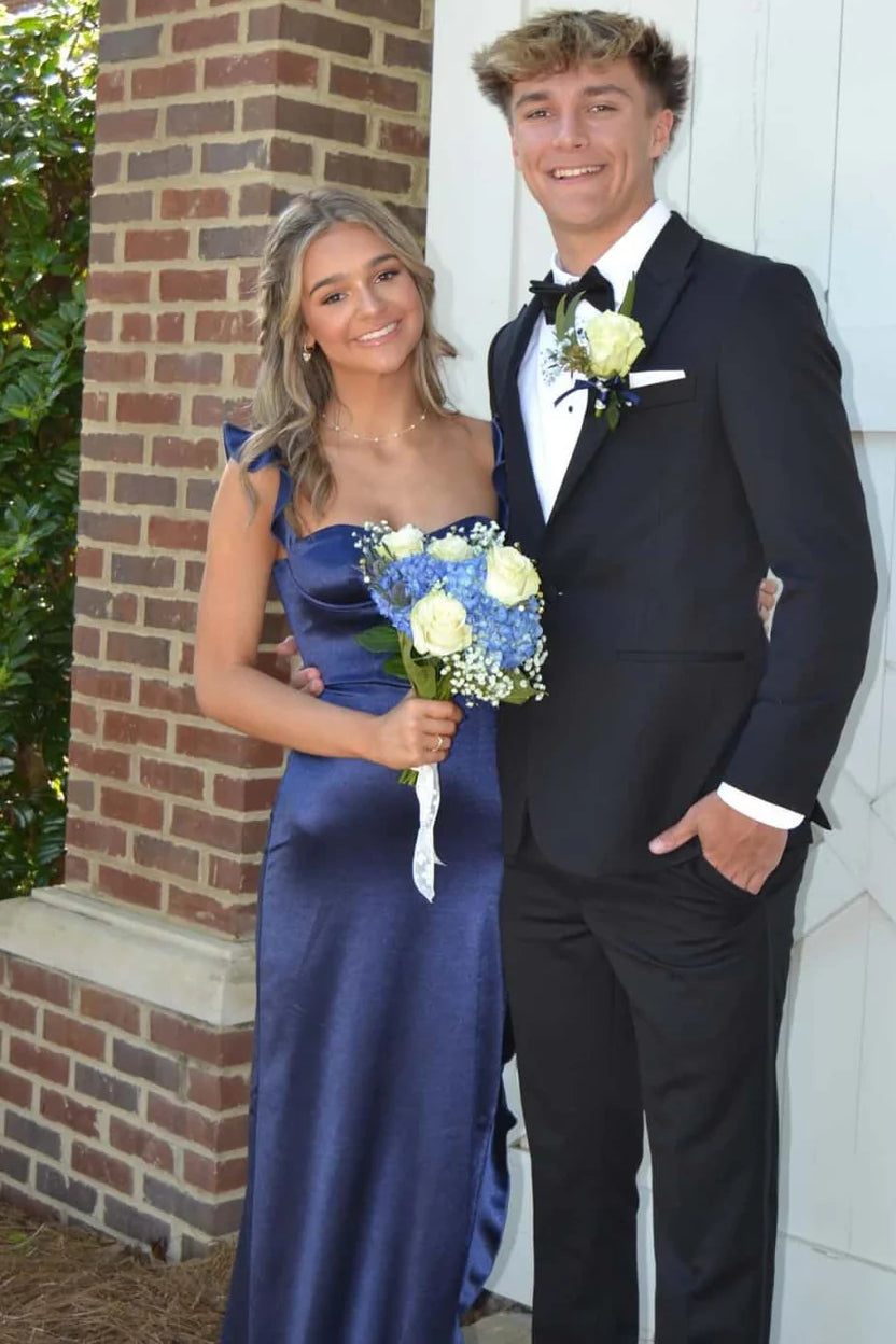 Navy Spaghetti Straps Satin Sheath Long Prom Dress with Ruffles