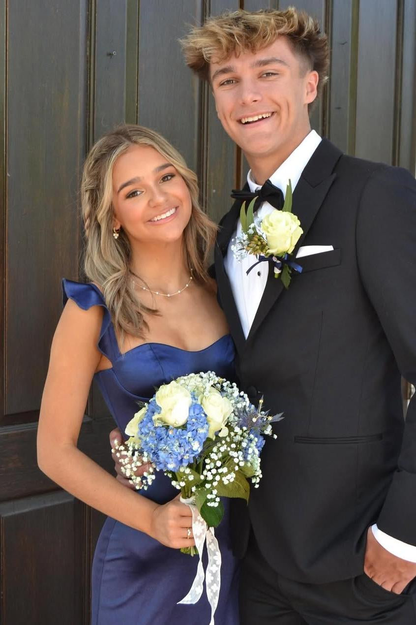 Navy Spaghetti Straps Satin Sheath Long Prom Dress with Ruffles