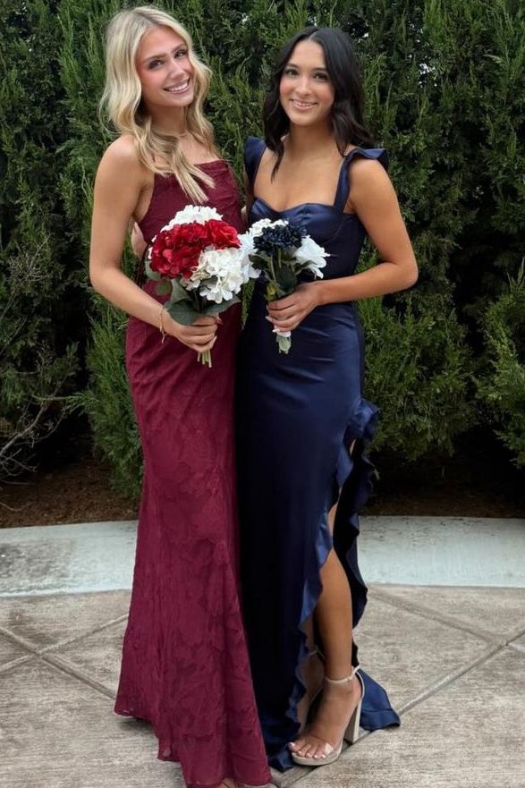 Navy Spaghetti Straps Satin Sheath Long Prom Dress with Ruffles