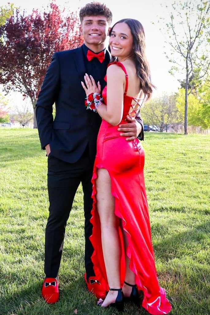 Navy Spaghetti Straps Satin Sheath Long Prom Dress with Ruffles