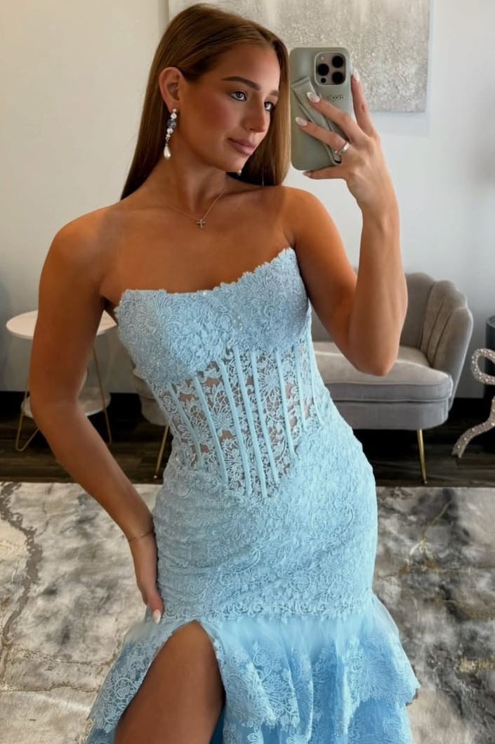 Light Blue Strapless Mermaid Lace Tiered Long Prom Dress with Slit