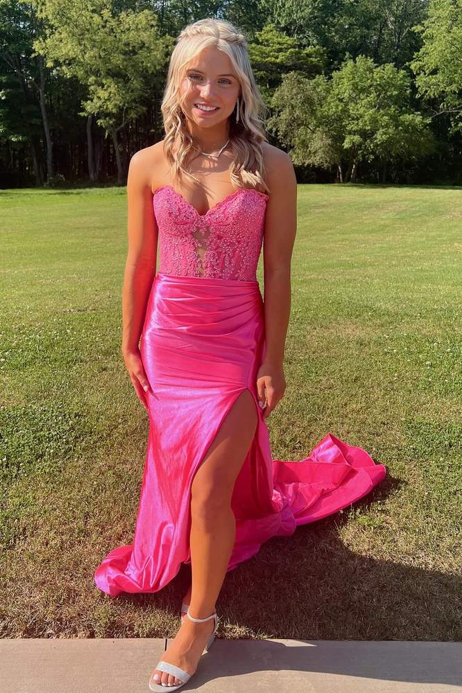 Blue Sweetheart Mermaid Satin Appliqued Long Prom Dress with Beading
