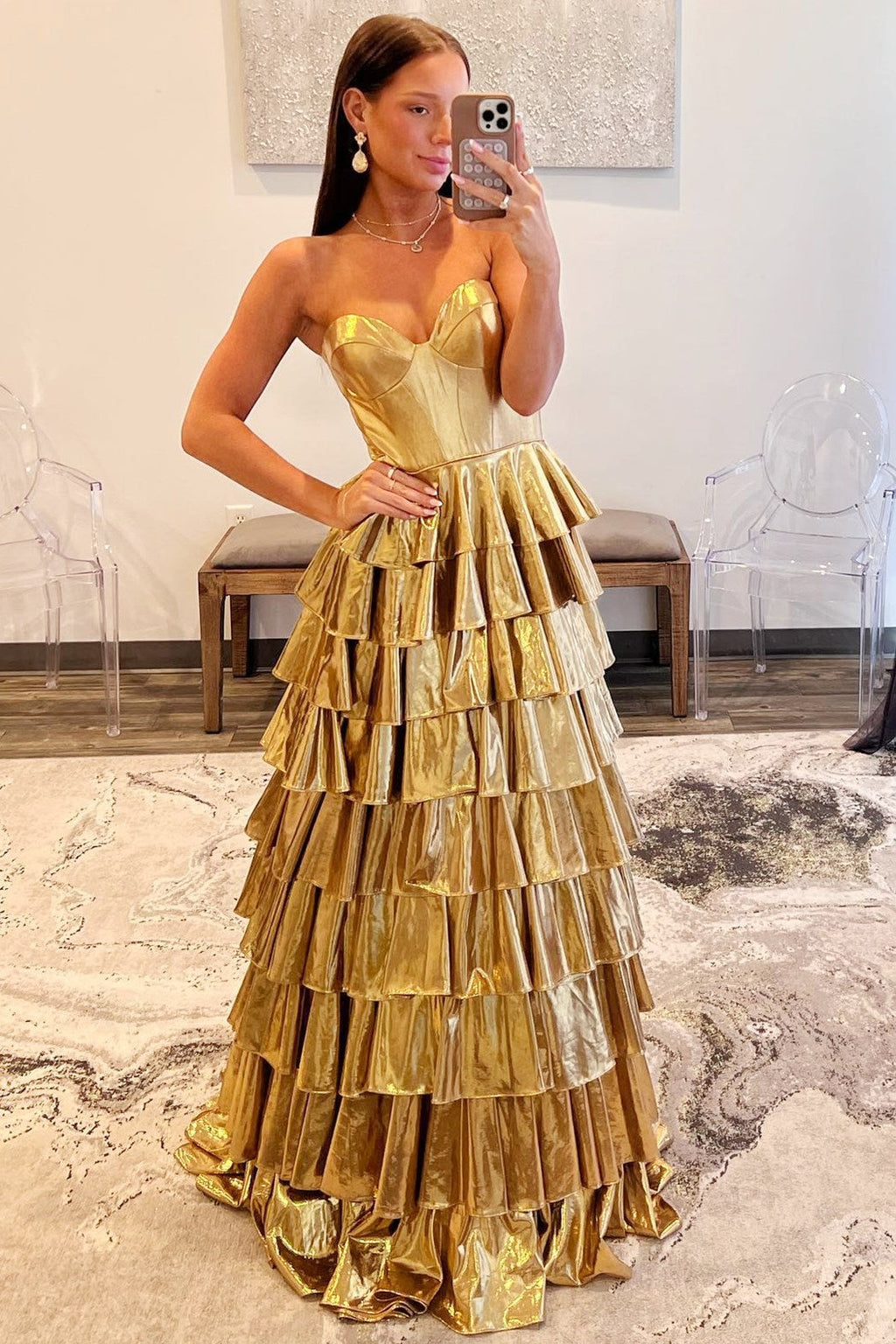 Glitter Gold Sweetheart A-Line Metallic Tiered Long Prom Dress
