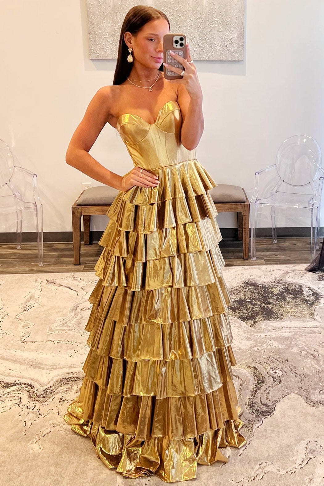 Glitter Gold Sweetheart A-Line Metallic Tiered Long Prom Dress