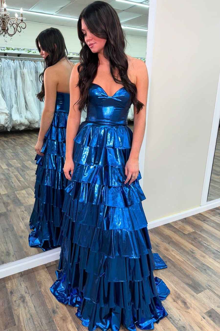 Glitter Gold Sweetheart A-Line Metallic Tiered Long Prom Dress