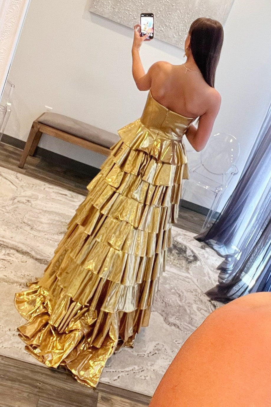 Glitter Gold Sweetheart A-Line Metallic Tiered Long Prom Dress