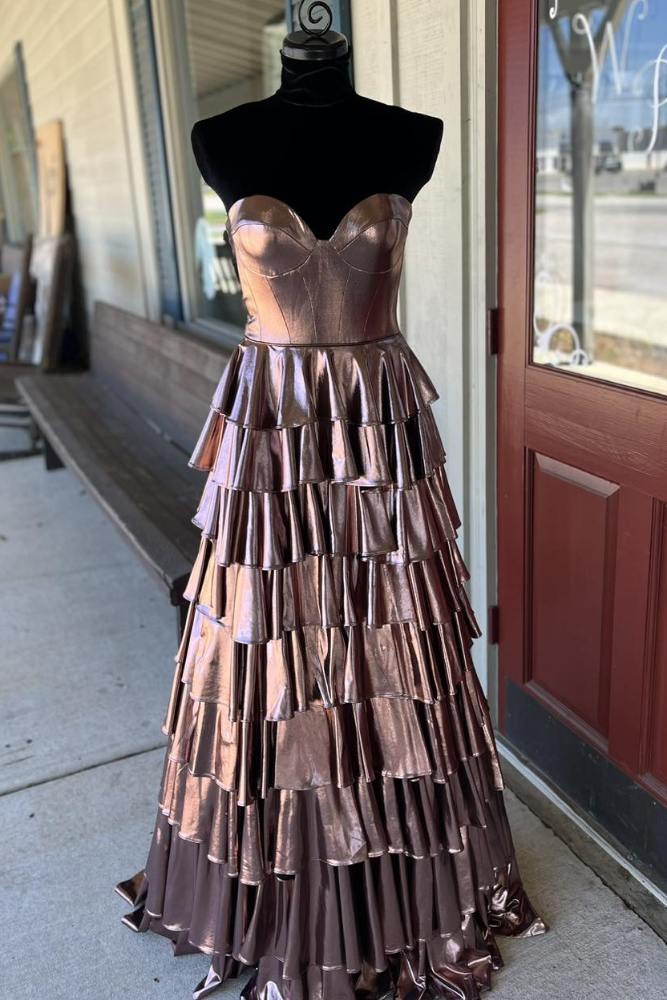 Glitter Gold Sweetheart A-Line Metallic Tiered Long Prom Dress