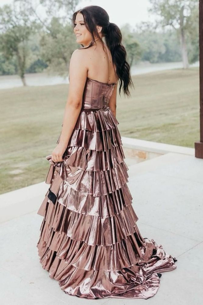 Glitter Gold Sweetheart A-Line Metallic Tiered Long Prom Dress