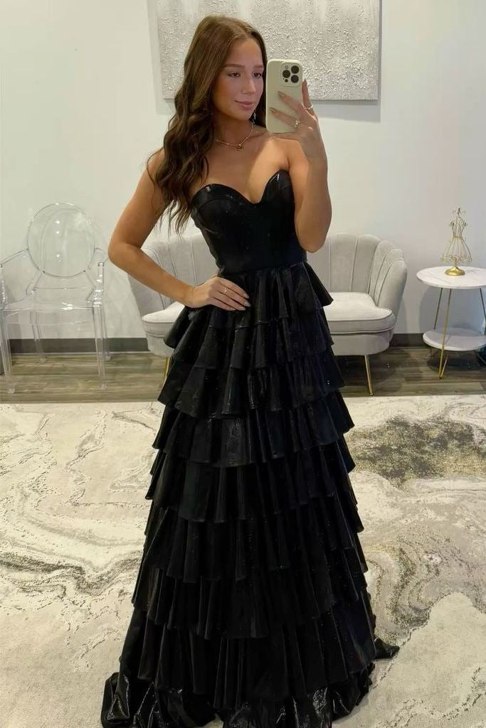 Glitter Gold Sweetheart A-Line Metallic Tiered Long Prom Dress