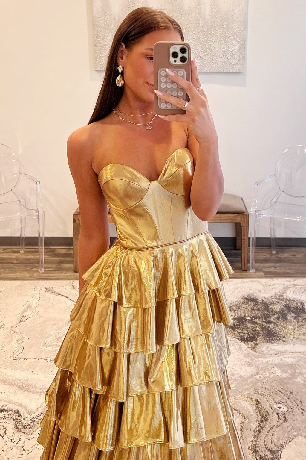 Glitter Gold Sweetheart A-Line Metallic Tiered Long Prom Dress