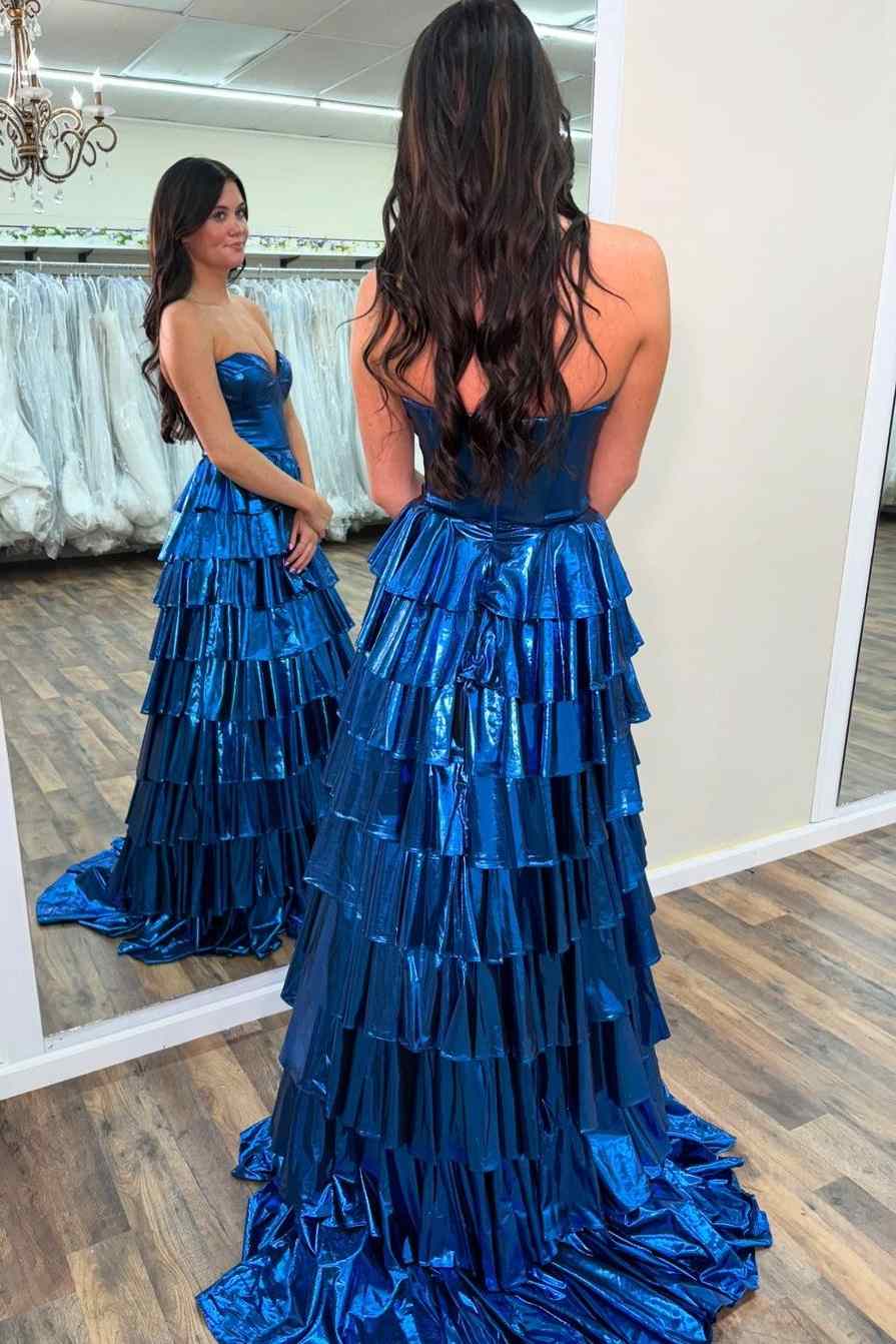 Glitter Gold Sweetheart A-Line Metallic Tiered Long Prom Dress