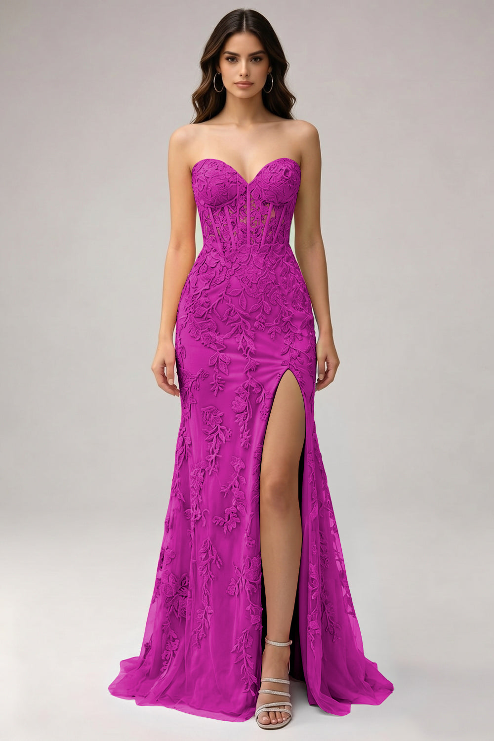 Pink Sweetheart Mermaid Appliqued Long Prom Dress with Slit