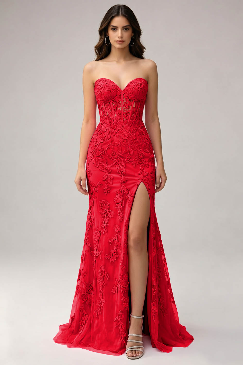 Pink Sweetheart Mermaid Appliqued Long Prom Dress with Slit