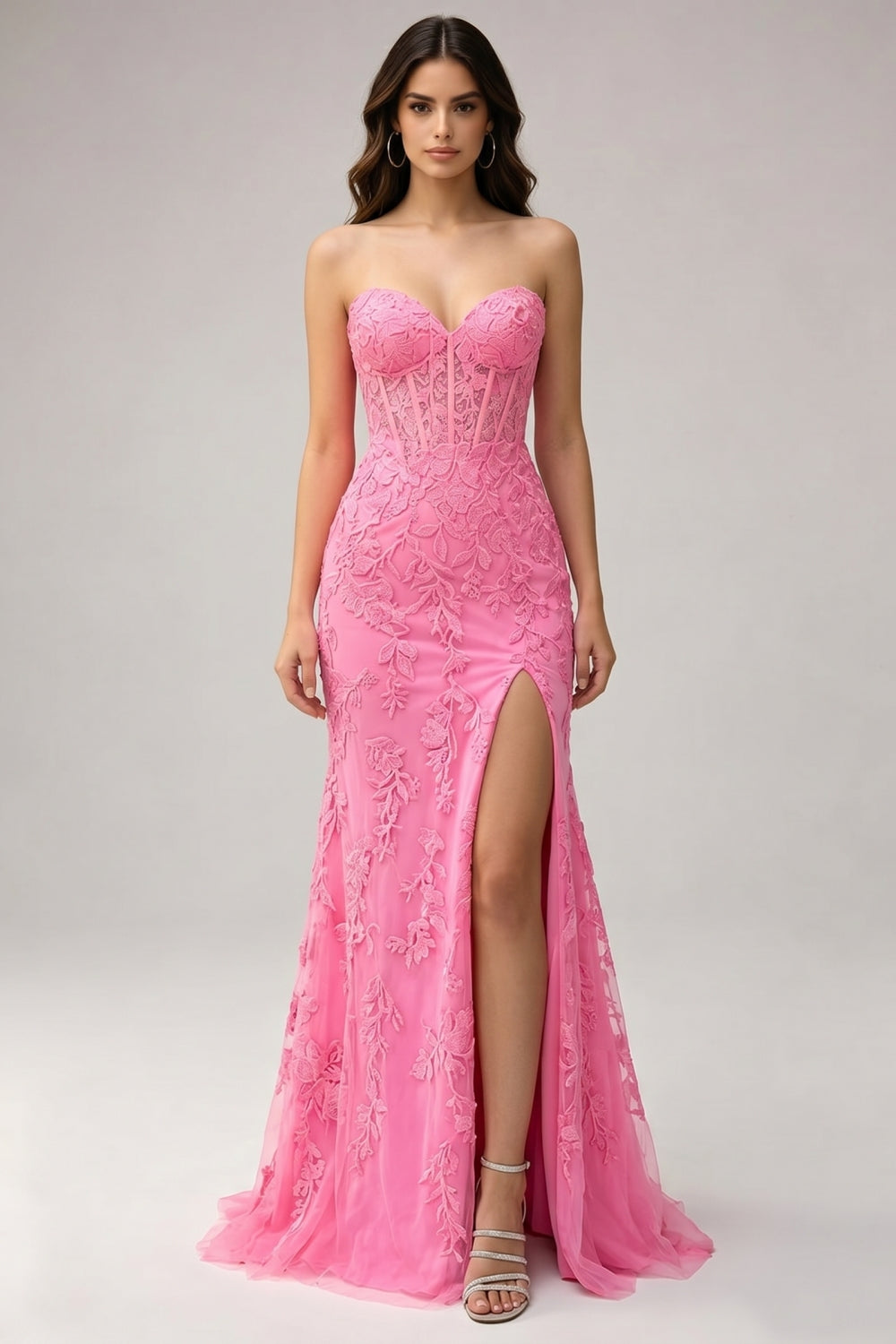 Pink Sweetheart Mermaid Appliqued Long Prom Dress with Slit