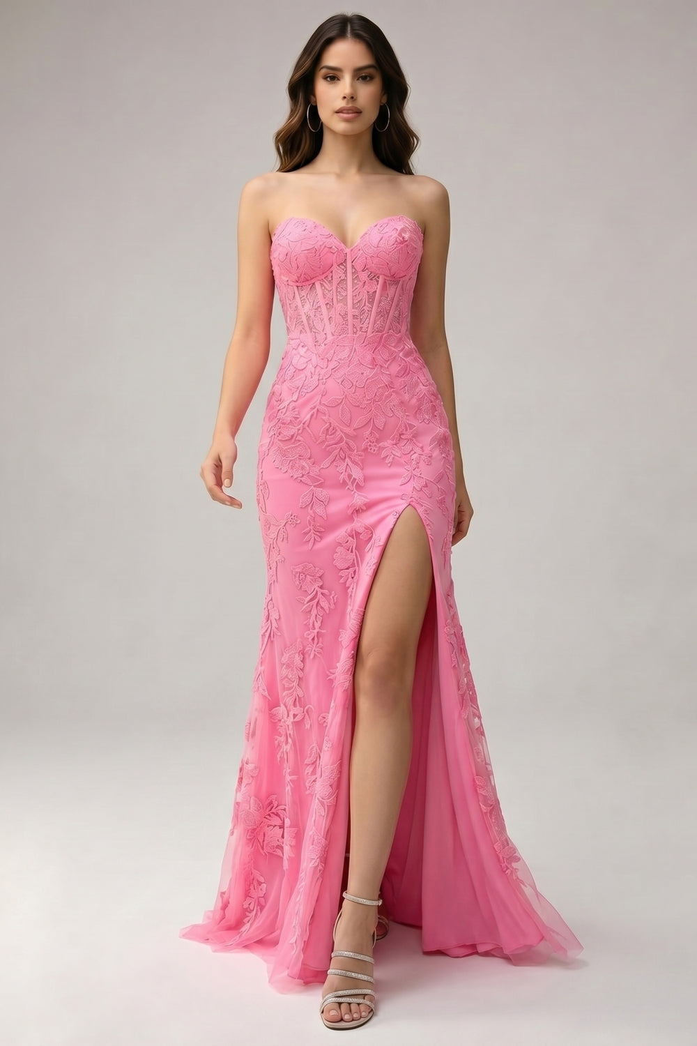 Pink Sweetheart Mermaid Appliqued Long Prom Dress with Slit