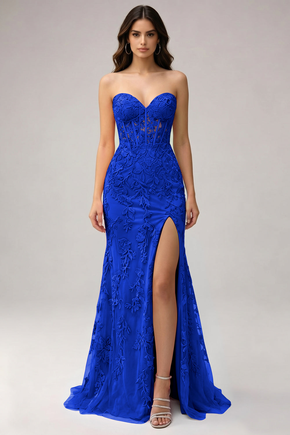 Pink Sweetheart Mermaid Appliqued Long Prom Dress with Slit