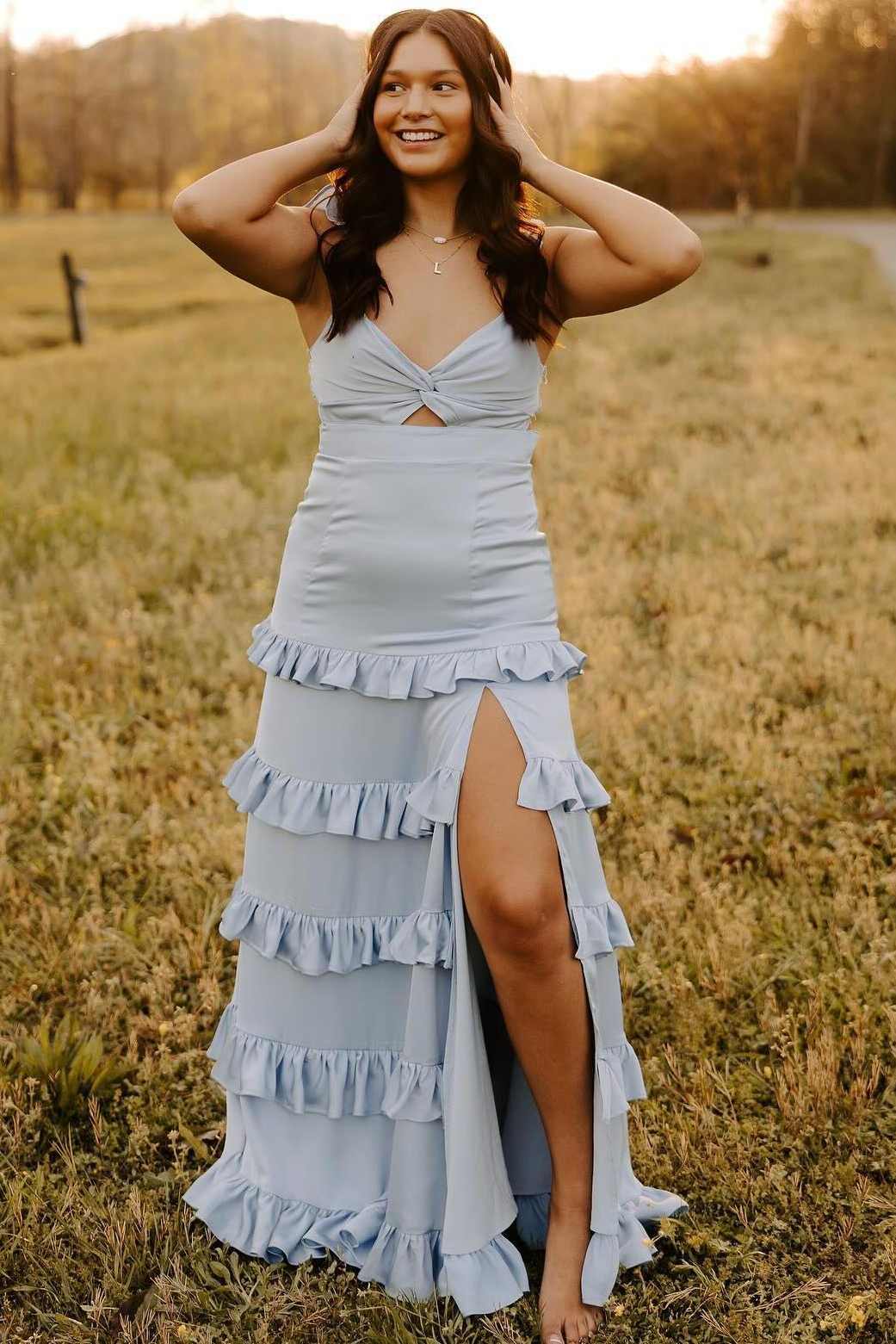 Sage Green A-Line Satin Tiered Long Prom Dress with Slit
