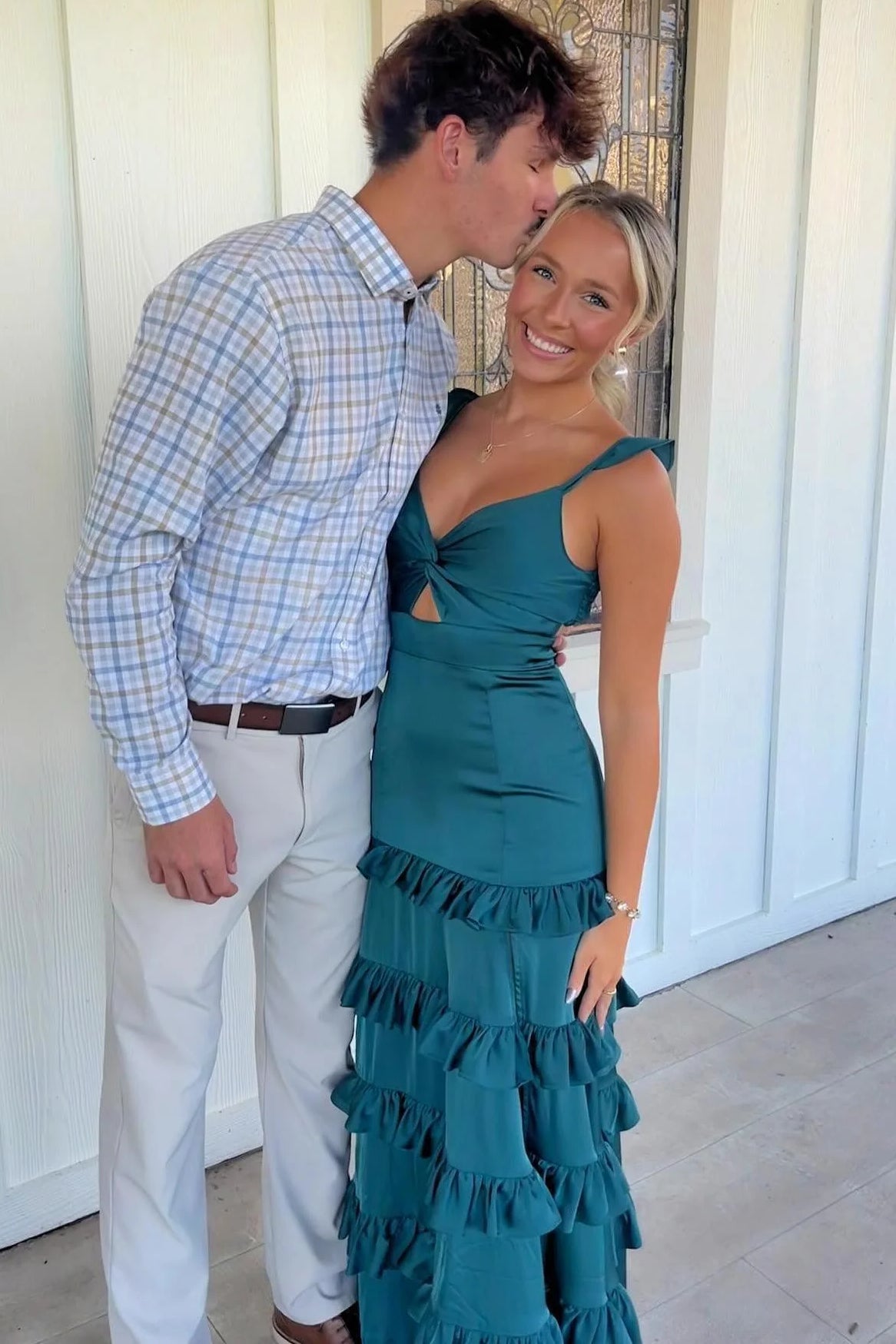 Sage Green A-Line Satin Tiered Long Prom Dress with Slit