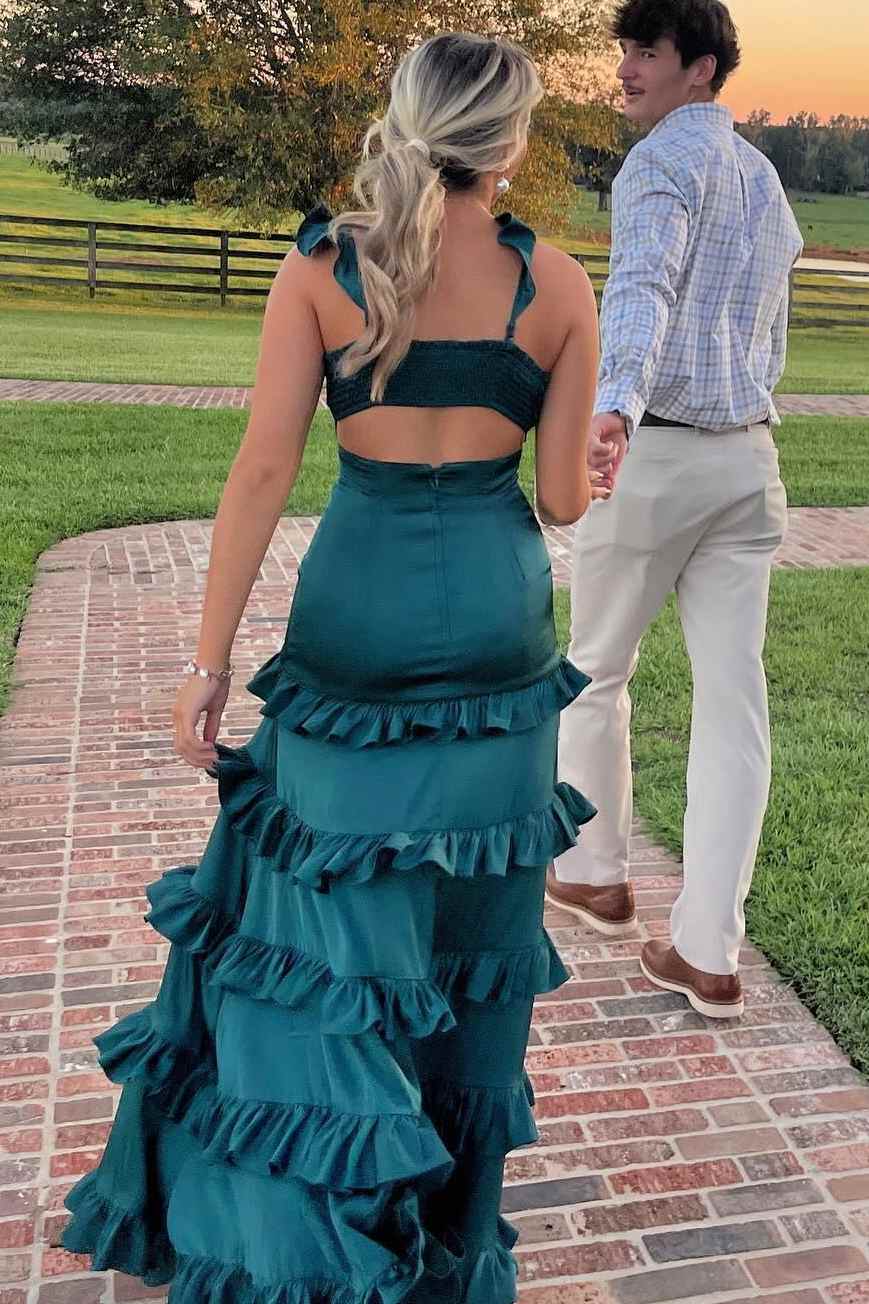 Sage Green A-Line Satin Tiered Long Prom Dress with Slit